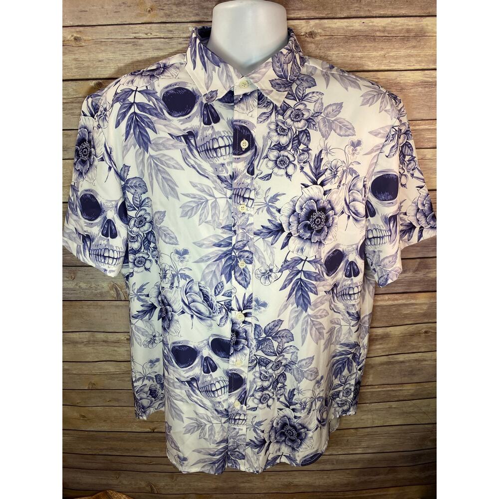 Mens Skull and Floral Print Short Sleeve Button Up Collared Hawaiian Shirt 23x29